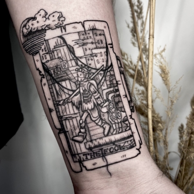 The Fool tarot card tattoo in cyberpunk style.