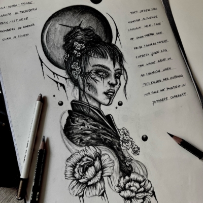 Japanese woman as a tattoo design made with pencil in a sketchbook