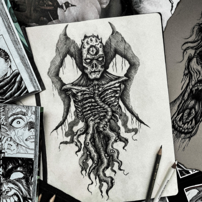 drawing of a mysterious creepy creature from horror stories.