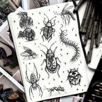 Sketchbook page full of pencil drawings of various kinds of insects including, mosquito, centipede, spider, ladybug or ant.