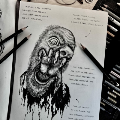 Pencil drawing of a man and a hand coming out of his mouth, inspired by horror stories and movies.