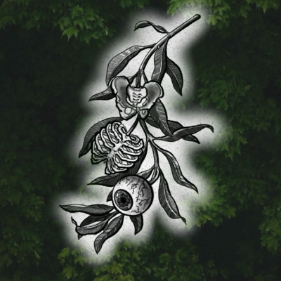 Tree branch tattoo design with eye, ribs and pelvis hanging from it.