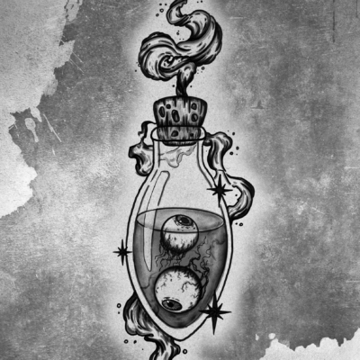 Tattoo design of a witchy magic potion with eyes floating inside of it