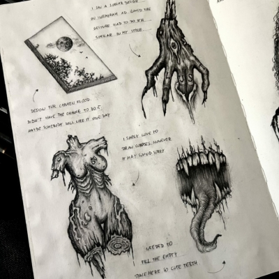 Pencil drawings in a dark mood of a hand, window with a nature view, woman corpse and creepy mouth with a long tongue.