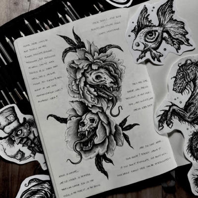 Creepy flower pencil sketch design with animal skulls in the center