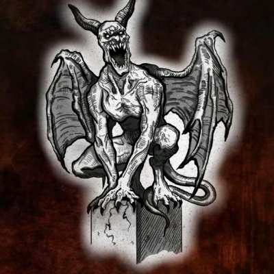 Design of a gorgoil tattoo standing on top of the building