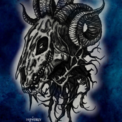 A creepy design of a goat mixed with thorns