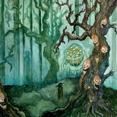 A watercolor illustration of a dark forestr filled with monsters creeping behind trees