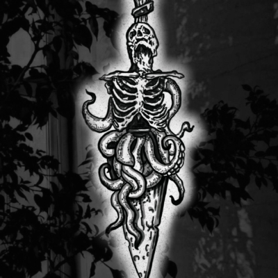 Sword tattoo design inspired by medieval art and skeletons