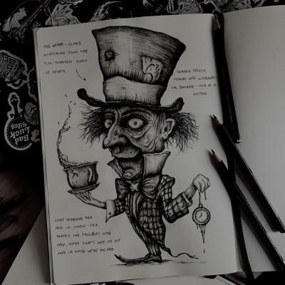 Mad Hatter drawing using 2b and 3b pencils