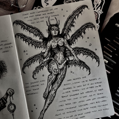 Dark fairy with wings as a pencil drawing of a tattoo artist