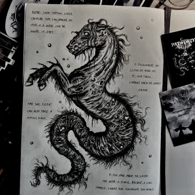 Kelpie legend as a sketchbook drawing and a tattoo design