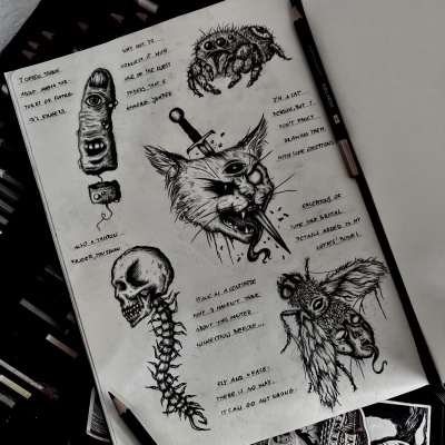 A number of drawings in a sketchbook containing a skull, a cat, a fly, spider, and a finger, all in a creepy, dark mood