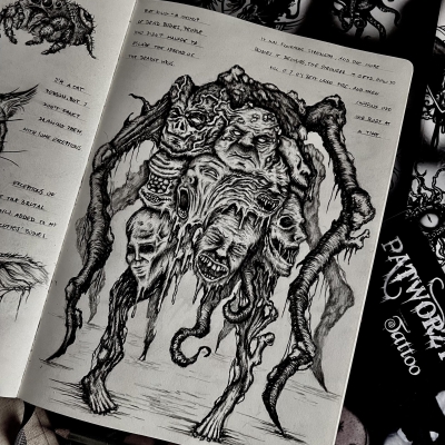 A creature with numerous heads inspired by computer game The Last of Us in a sketchbook entry