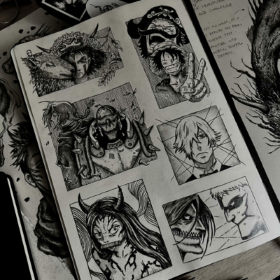 Anime inspired pencil drawings as available tattoo designs