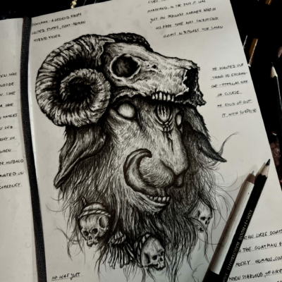 Goat from hell wearing another goat´s skull as a pencil drawing in a sketchbook