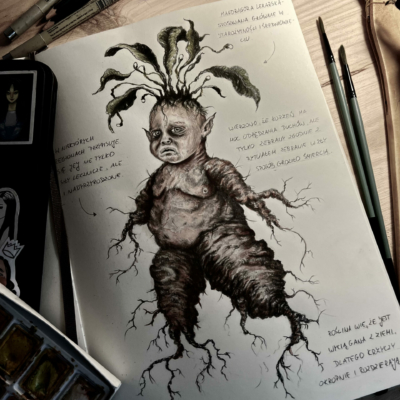 Mandrake plant in watercolors in a sketchbook