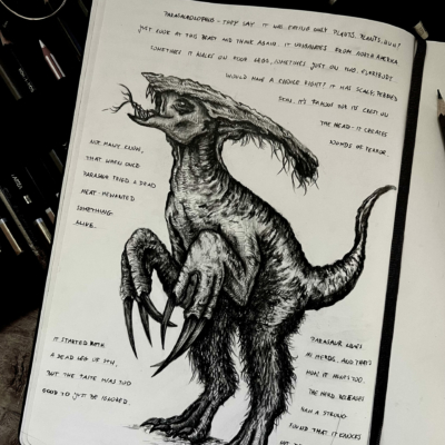 A dinosaur pencil drawing interpretation in a sketchbook in a dark creepy style