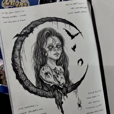 Witch drawing with a moon and bats